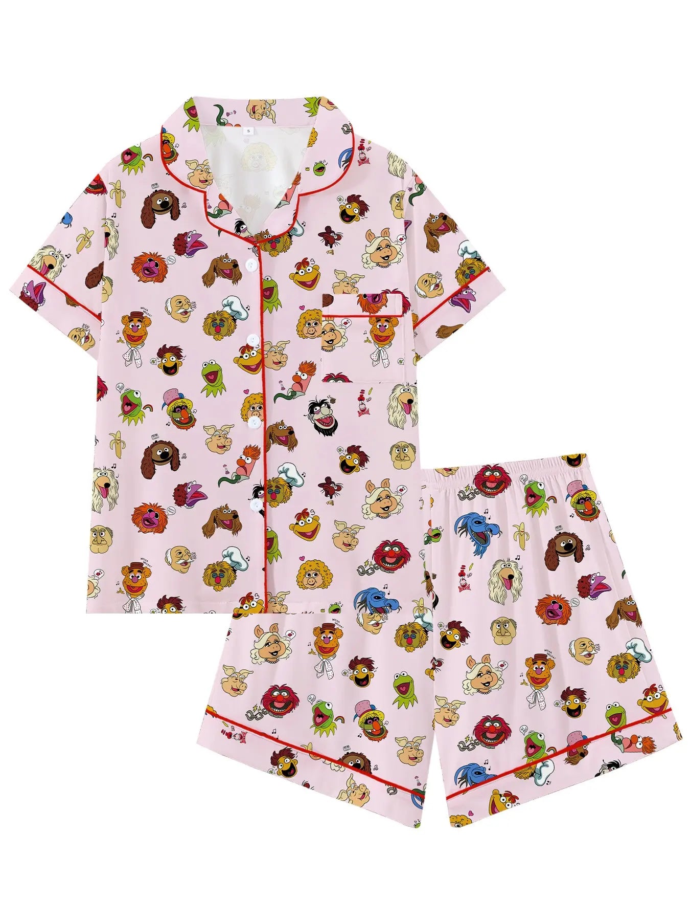 Muppets Cartoon Prints Loose-Fitting Short Sleeve Sleepwear Set, Comfortable All-Season Party Wear, Ideal Gift for Relaxing & Travel