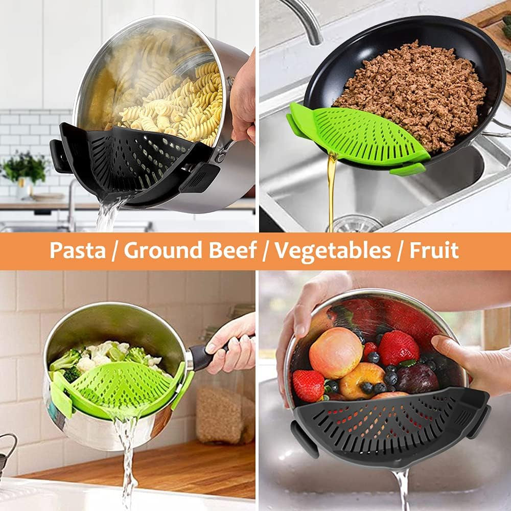 Clip on Strainer for Pots Pan Pasta Strainer, Silicone Food Strainer Hands-Free Pan Strainer, Clip-On Kitchen Food Strainer for Spaghetti, Pasta, Ground Beef Fits All Bowls and Pots (2P)