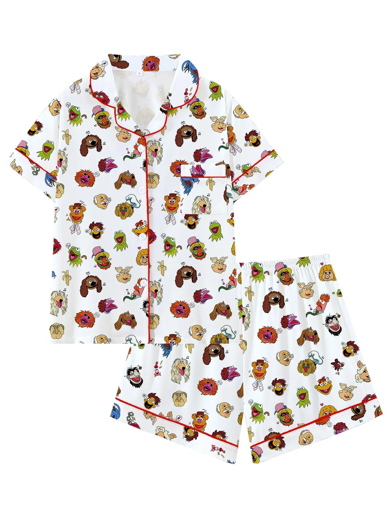 Muppets Cartoon Prints Loose-Fitting Short Sleeve Sleepwear Set, Comfortable All-Season Party Wear, Ideal Gift for Relaxing & Travel