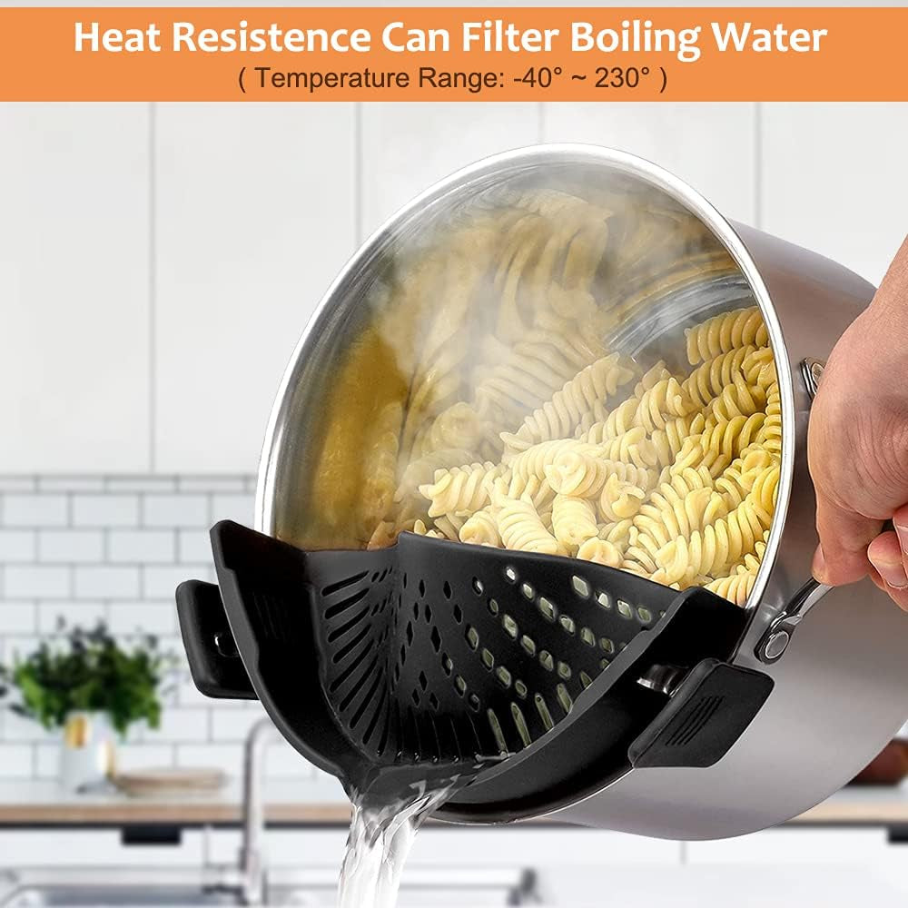 Clip on Strainer for Pots Pan Pasta Strainer, Silicone Food Strainer Hands-Free Pan Strainer, Clip-On Kitchen Food Strainer for Spaghetti, Pasta, Ground Beef Fits All Bowls and Pots (2P)