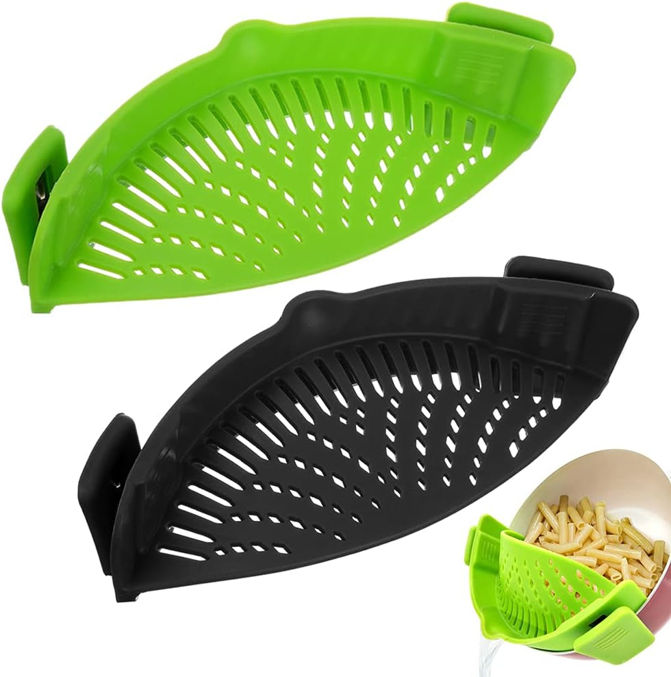 Clip on Strainer for Pots Pan Pasta Strainer, Silicone Food Strainer Hands-Free Pan Strainer, Clip-On Kitchen Food Strainer for Spaghetti, Pasta, Ground Beef Fits All Bowls and Pots (2P)
