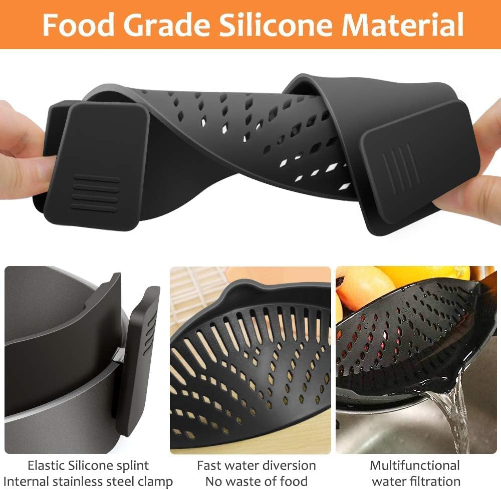 Clip on Strainer for Pots Pan Pasta Strainer, Silicone Food Strainer Hands-Free Pan Strainer, Clip-On Kitchen Food Strainer for Spaghetti, Pasta, Ground Beef Fits All Bowls and Pots (2P)
