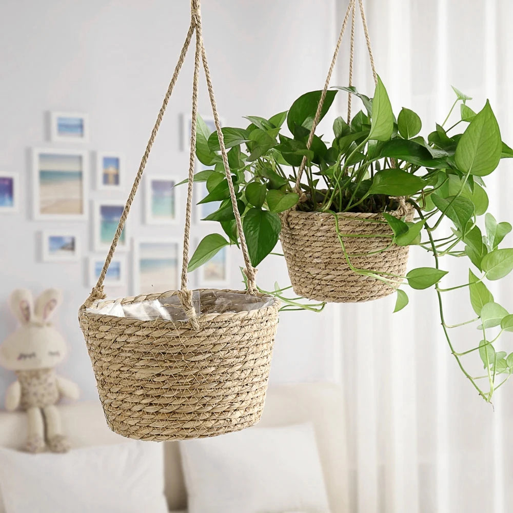 1PC Straw Hanging Basket Planter