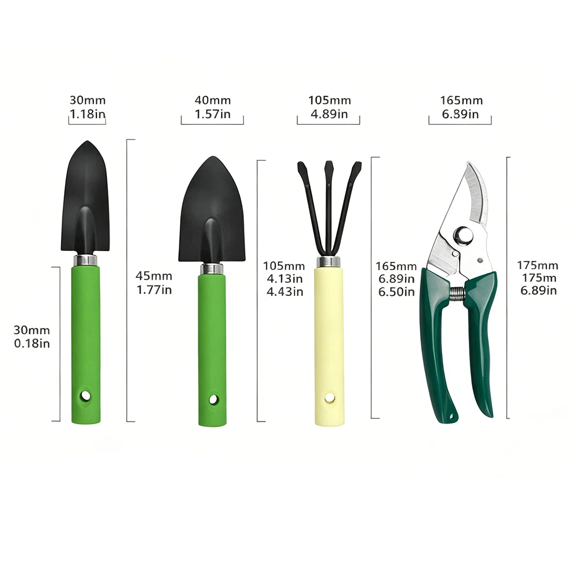 4-piece gardening tool set, including potted plants, soil filling, pruning, vegetable planting, weeding, and planting tools.