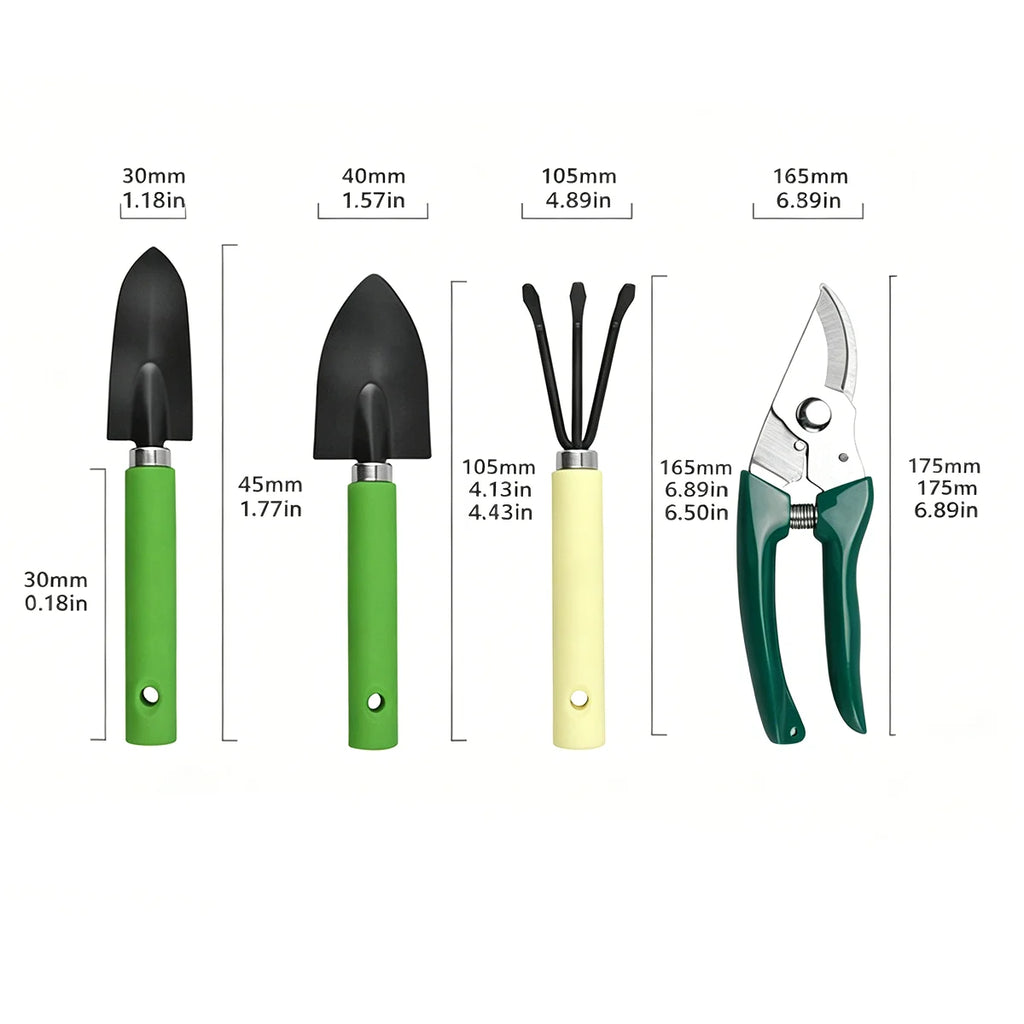 4-piece gardening tool set, including potted plants, soil filling, pruning, vegetable planting, weeding, and planting tools.
