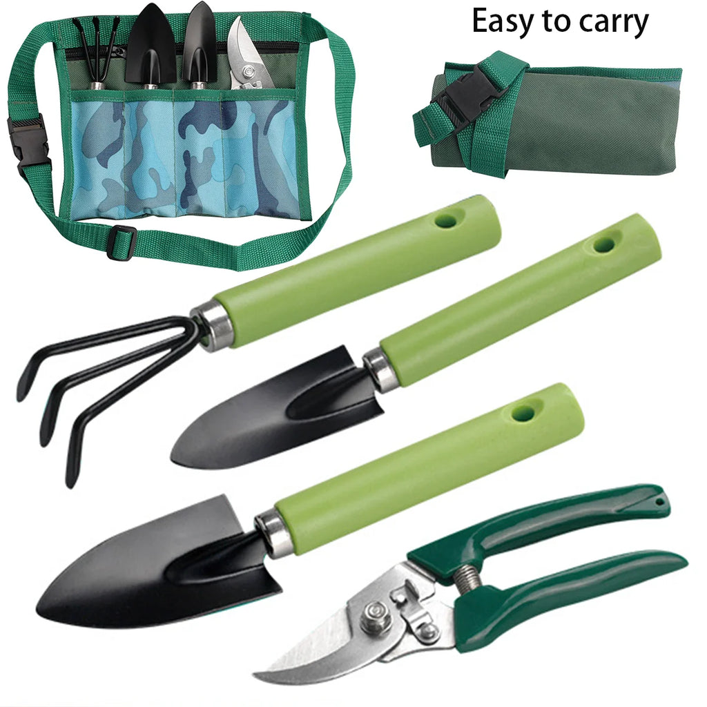 4-piece gardening tool set, including potted plants, soil filling, pruning, vegetable planting, weeding, and planting tools.