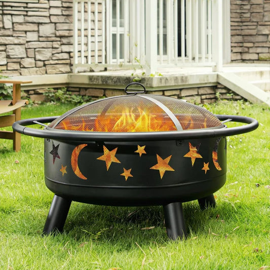 32 Inch Round Fire Pit with Mesh Cover