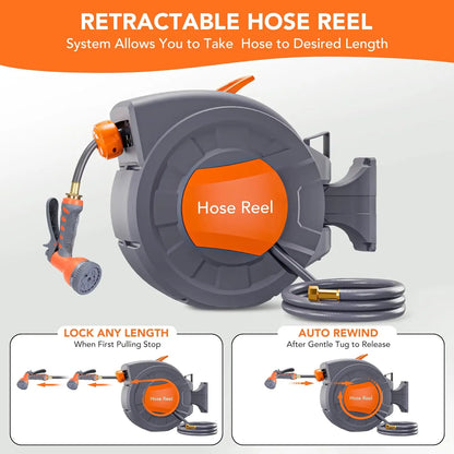 Retractable Garden Hose Reel 1/2 In x 100 FT Wall Mounted