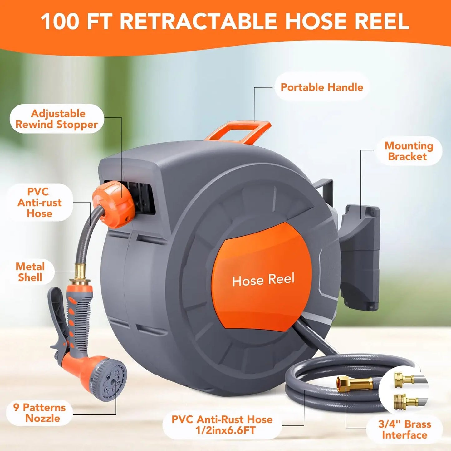 Retractable Garden Hose Reel 1/2 In x 100 FT Wall Mounted