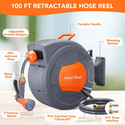 Retractable Garden Hose Reel 1/2 In x 100 FT Wall Mounted