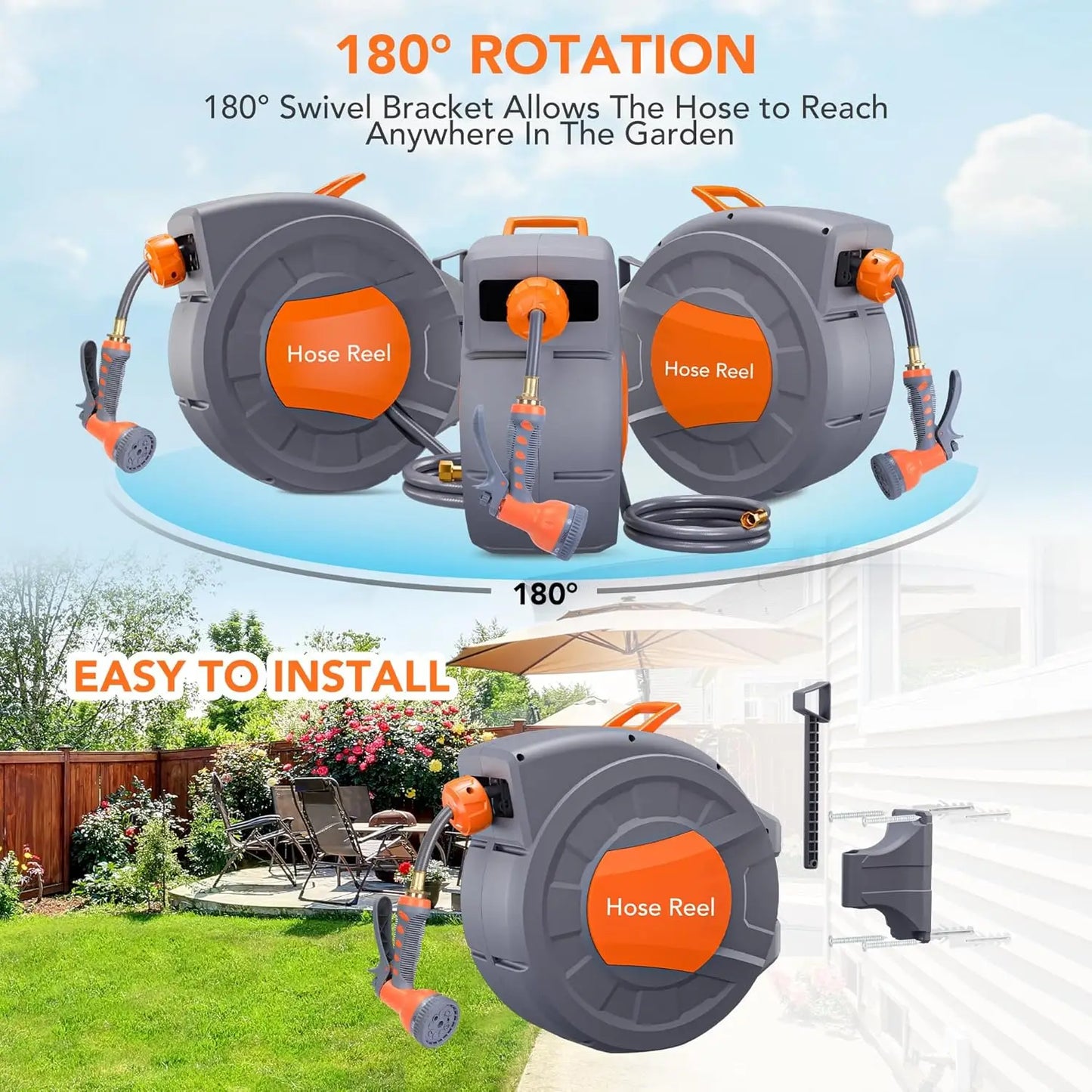 Retractable Garden Hose Reel 1/2 In x 100 FT Wall Mounted