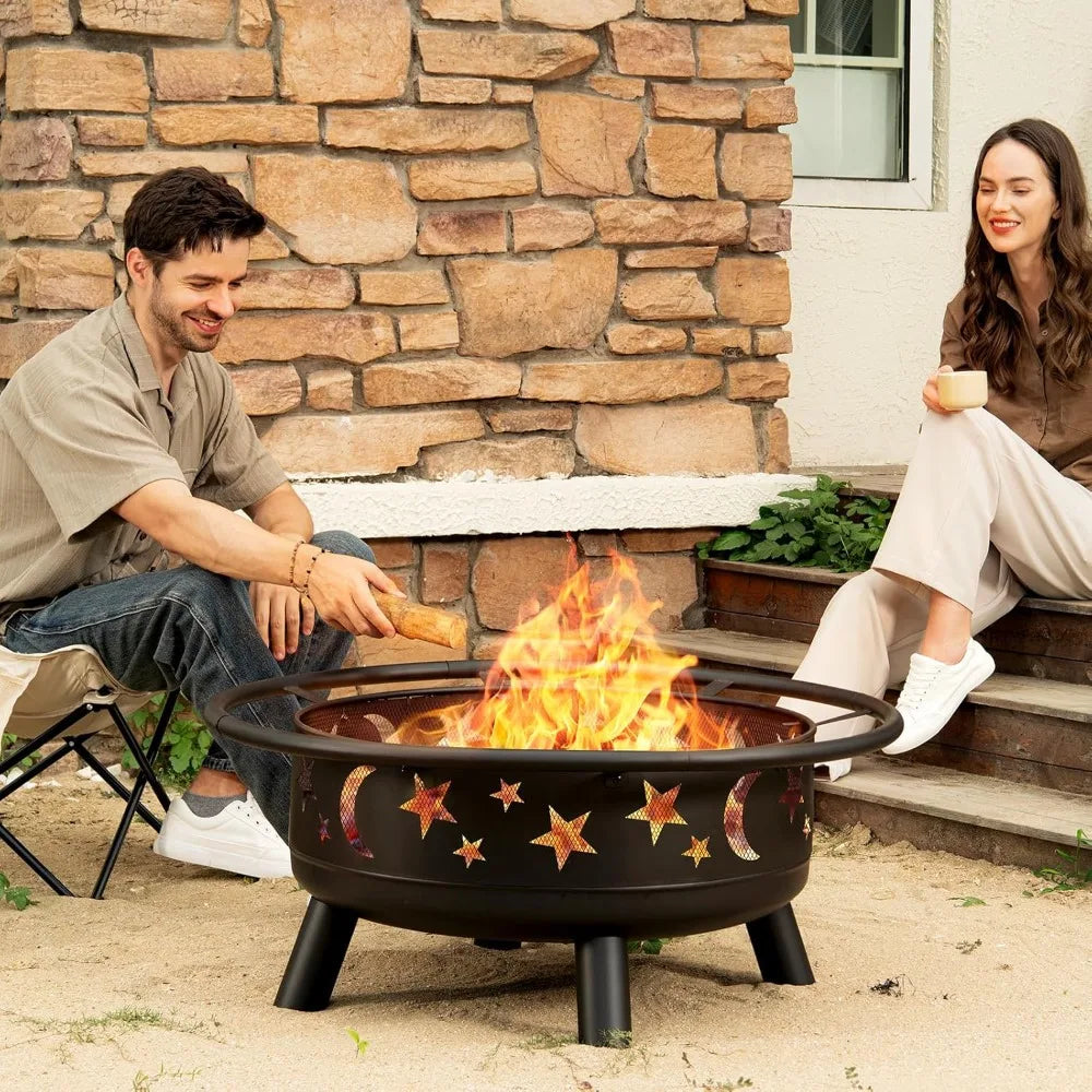 32 Inch Round Fire Pit with Mesh Cover