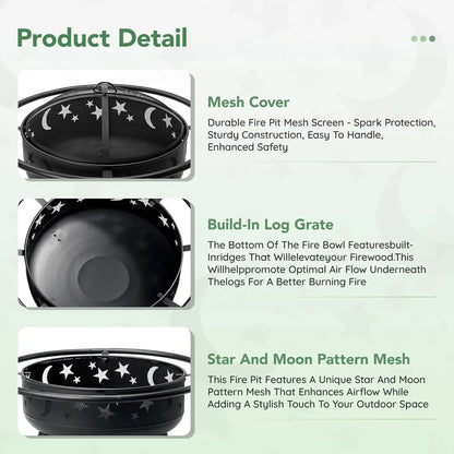 32 Inch Round Fire Pit with Mesh Cover