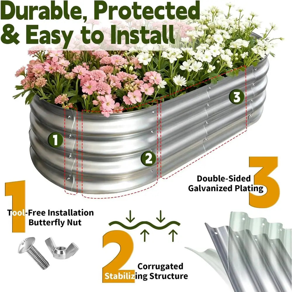 Outdoor Galvanized Metal Raised Garden Bed, 4x2x1ft, Large Planter Box for Vegetables, Fruits, Easy Assembly with Wing Nuts, Sil