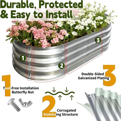 Outdoor Galvanized Metal Raised Garden Bed, 4x2x1ft, Large Planter Box for Vegetables, Fruits, Easy Assembly with Wing Nuts, Sil