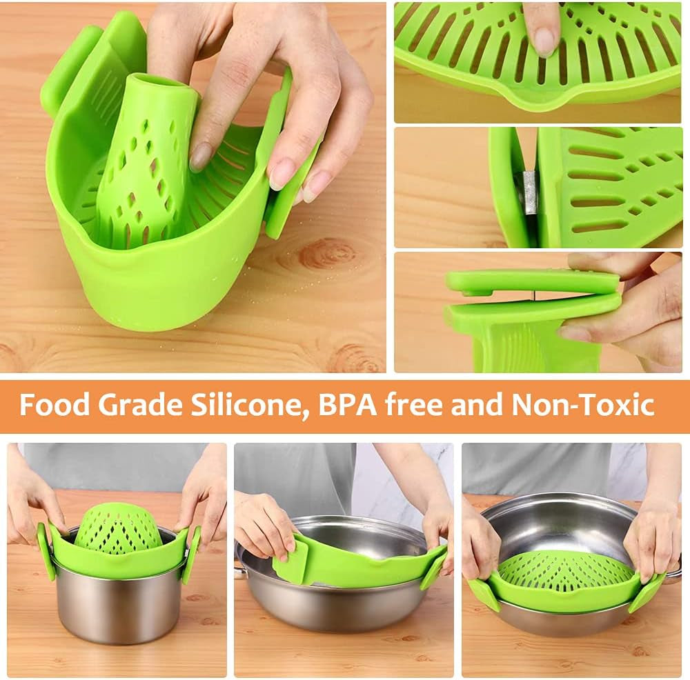 Clip on Strainer for Pots Pan Pasta Strainer, Silicone Food Strainer Hands-Free Pan Strainer, Clip-On Kitchen Food Strainer for Spaghetti, Pasta, Ground Beef Fits All Bowls and Pots (2P)